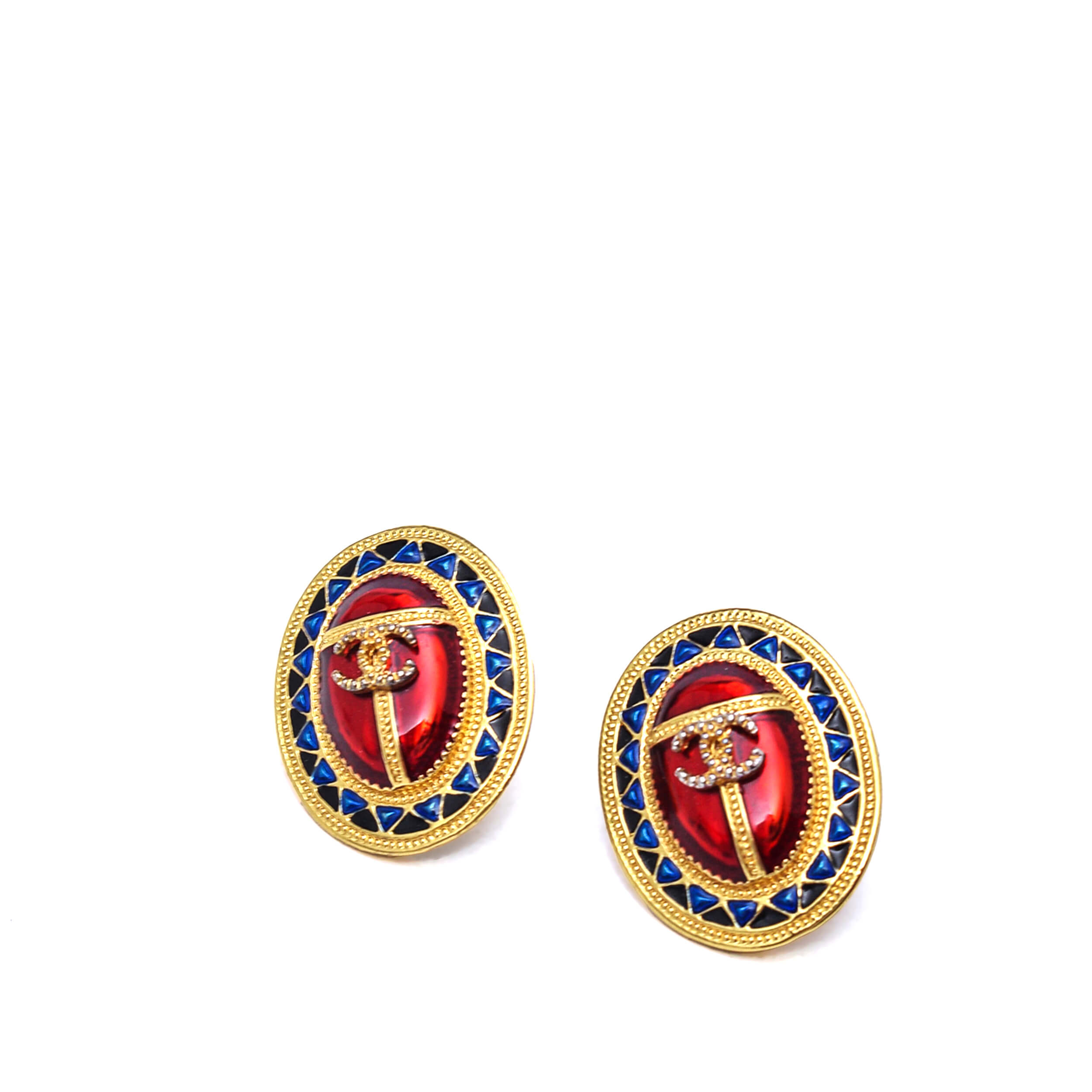 Chanel -  CC Red & Blue Detailed Gold Toned Earrings